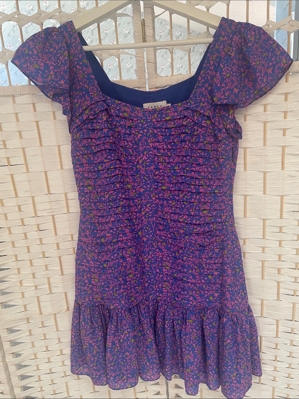 Tanya Taylor Purple Floral Ruffle-Smock Top